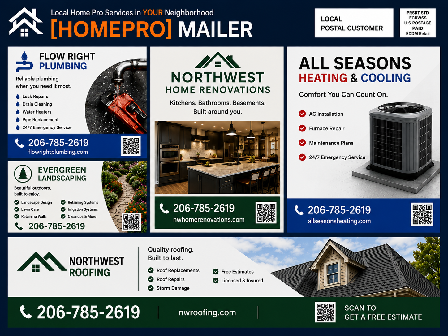 HomePro Mailer sample featuring Flow Right Plumbing, Northwest Home Renovations, All Seasons Heating & Cooling, Evergreen Landscaping, and Northwest Roofing