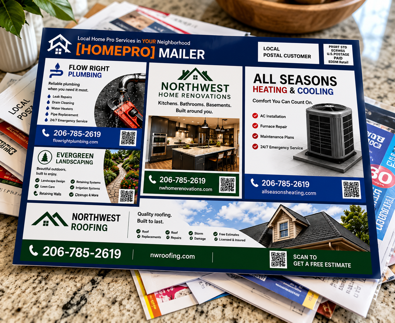 HomePro Mailer sample featuring Flow Right Plumbing, Northwest Home Renovations, All Seasons Heating & Cooling, Evergreen Landscaping, and Northwest Roofing